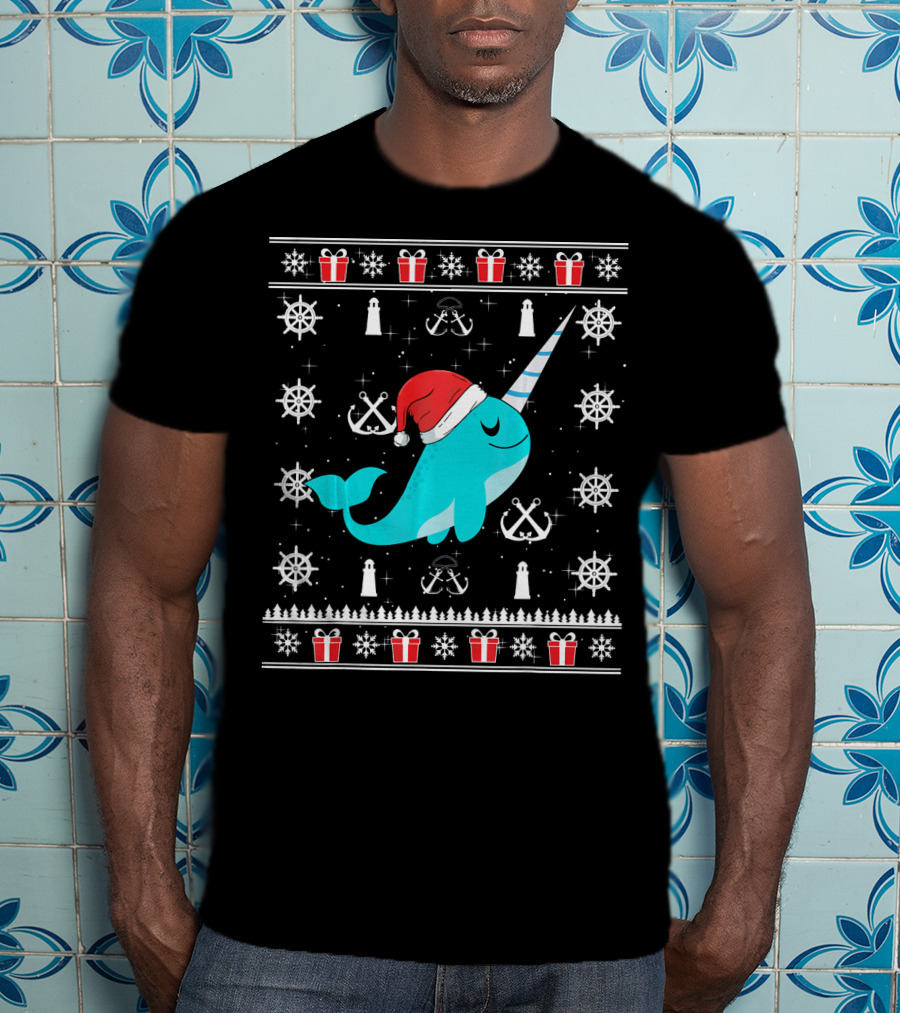 Narwhals Christmas Style With Santa Hat Anchors And Snowflakes T-Shirt