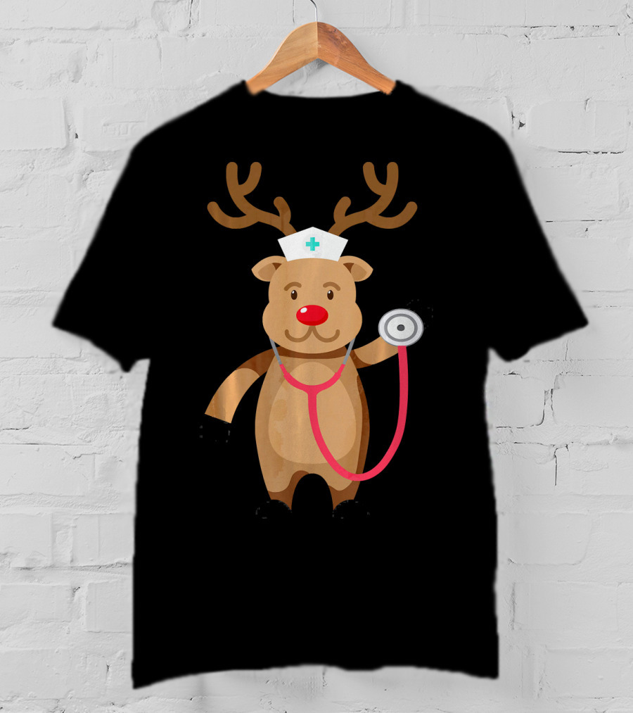 Nurse Reindeer With Stethoscope And Hat T-Shirt