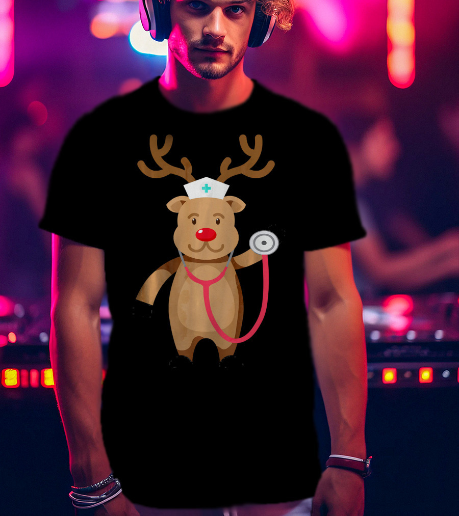 Nurse Reindeer With Stethoscope And Hat T-Shirt