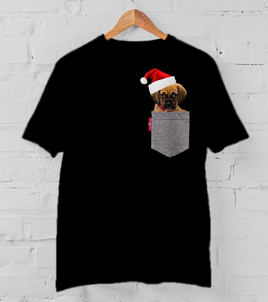Puggle Puppy With Santa Hat In Gray Pocket Cute Beagle Pug T-Shirt