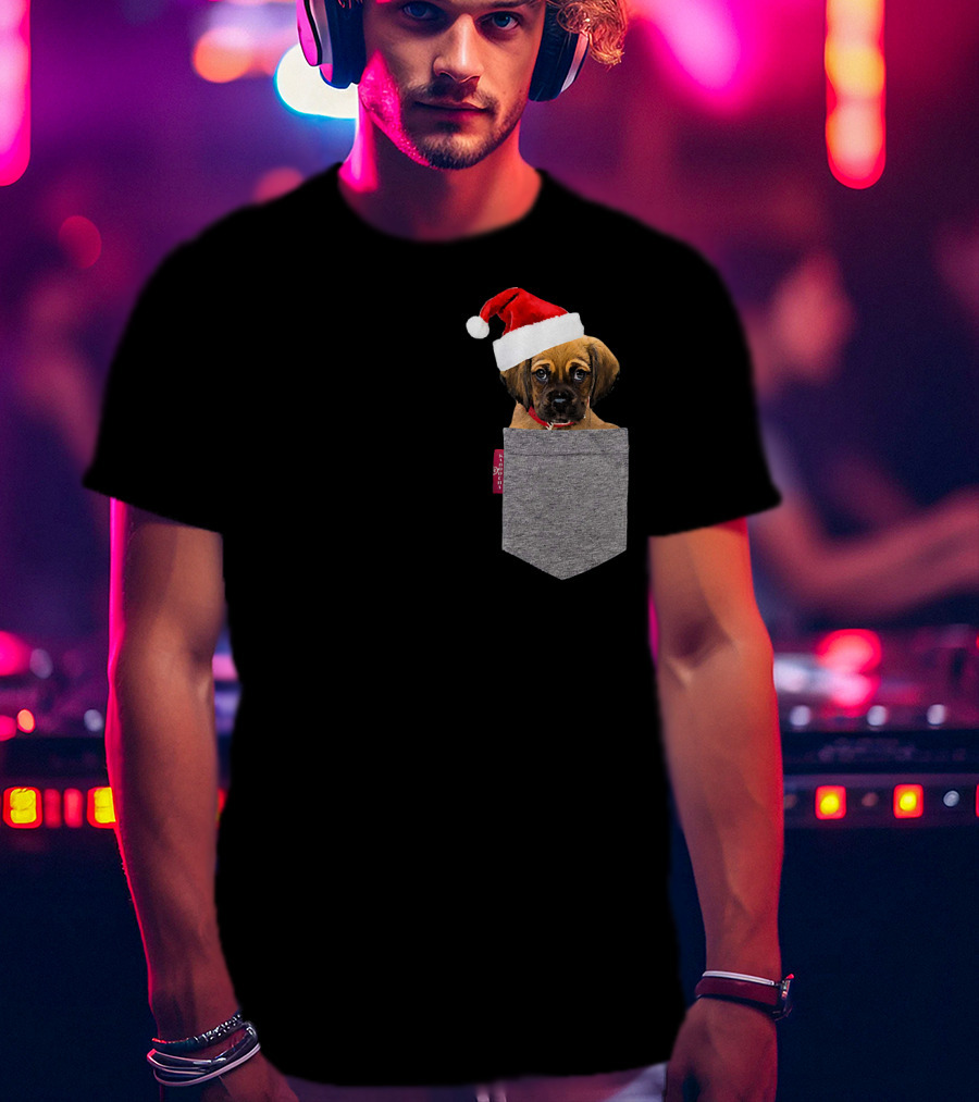 Puggle Puppy With Santa Hat In Gray Pocket Cute Beagle Pug T-Shirt