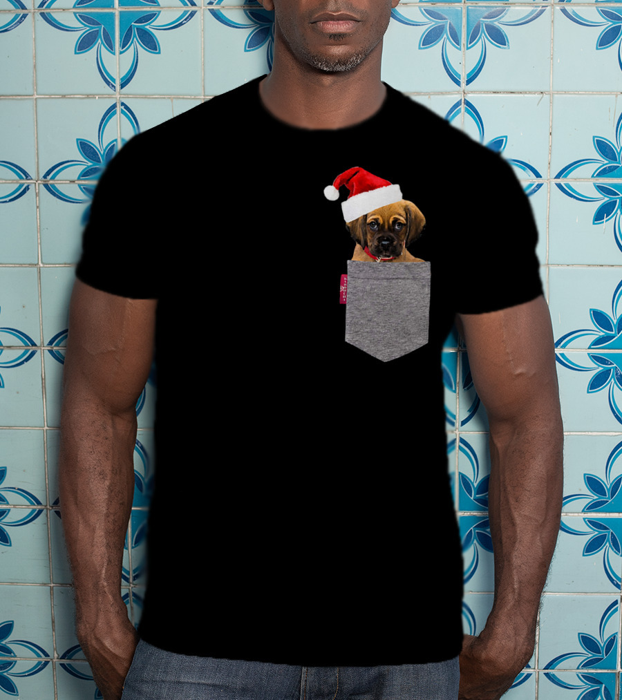 Puggle Puppy With Santa Hat In Gray Pocket Cute Beagle Pug T-Shirt