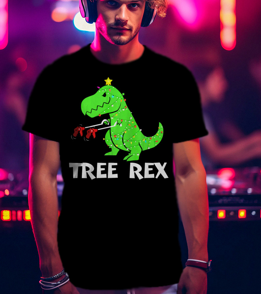 Tree Rex Funny Christmas Dinos Wrapped In Lights T-Shirt