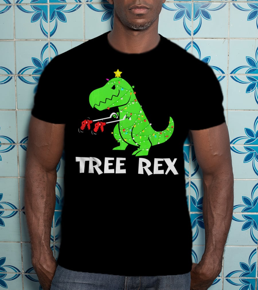 Tree Rex Funny Christmas Dinos Wrapped In Lights T-Shirt