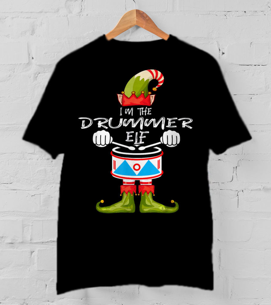 I'M THE DRUMMER ELF Christmas Hat Striped Candy Cane Elf Boots Drumsticks T-Shirt