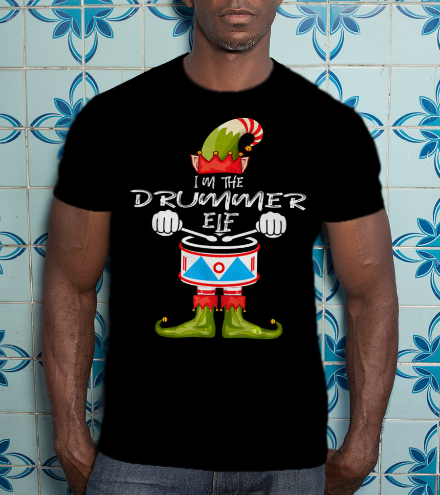 I'M THE DRUMMER ELF Christmas Hat Striped Candy Cane Elf Boots Drumsticks T-Shirt