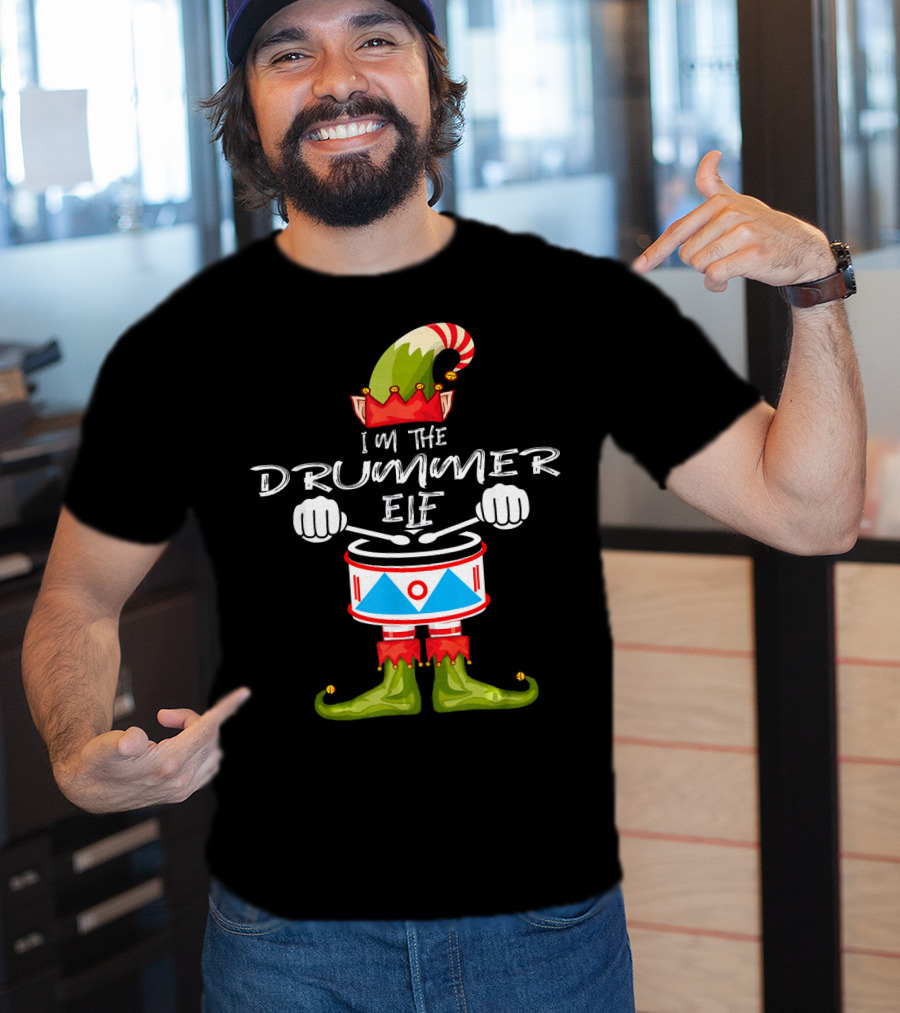 I'M THE DRUMMER ELF Christmas Hat Striped Candy Cane Elf Boots Drumsticks T-Shirt