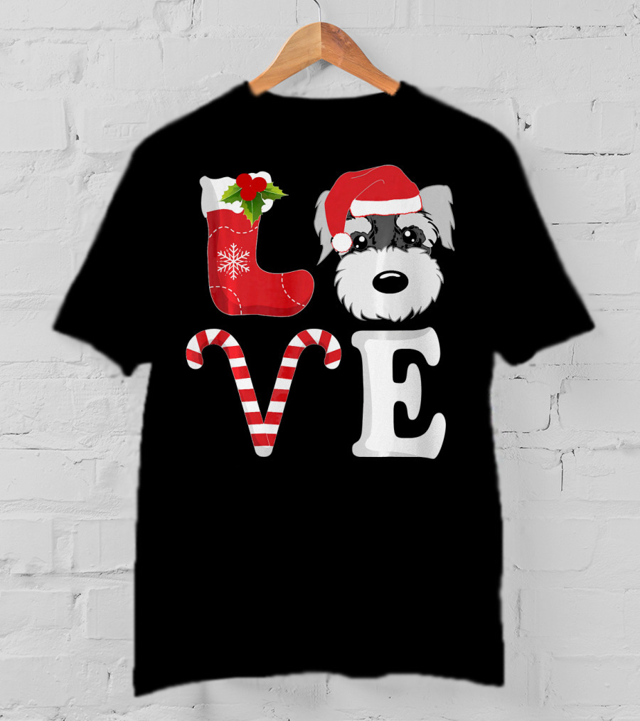 LOVE Miniature Schnauzer Santa Christmas Candy Cane T-Shirt