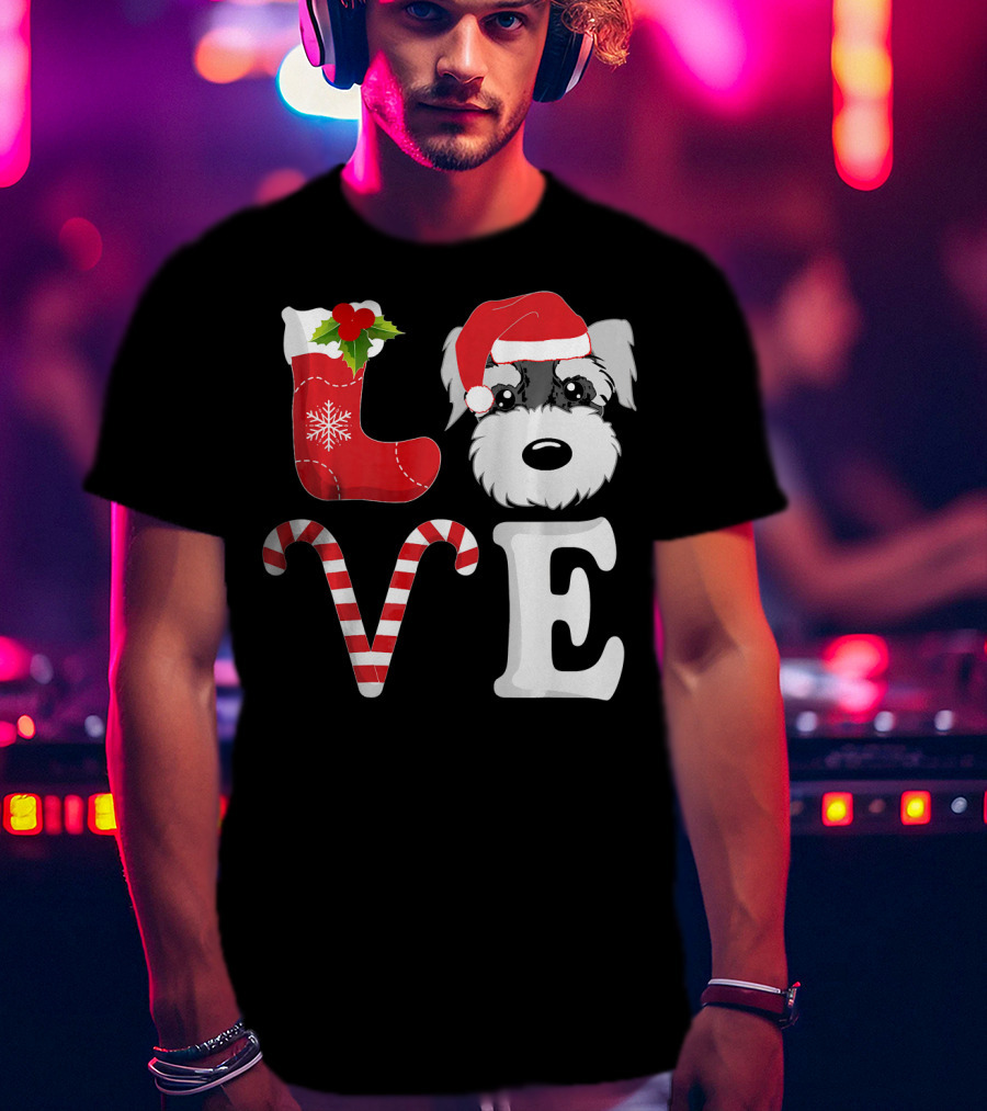 LOVE Miniature Schnauzer Santa Christmas Candy Cane T-Shirt
