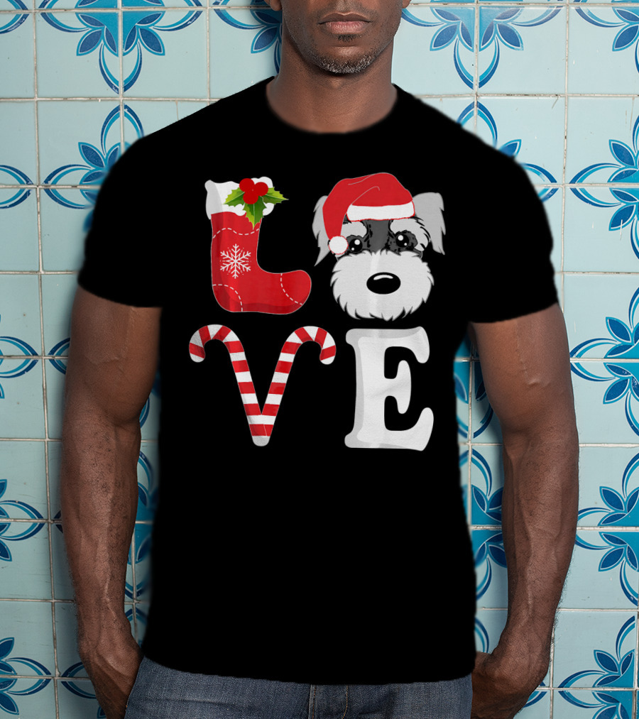 LOVE Miniature Schnauzer Santa Christmas Candy Cane T-Shirt