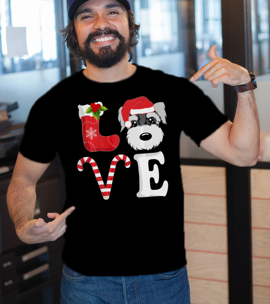 LOVE Miniature Schnauzer Santa Christmas Candy Cane T-Shirt