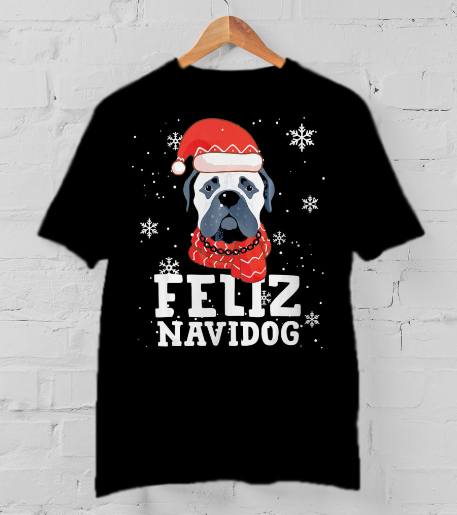 Feliz Navidog Bullmastiff Dog Christmas Santa Hat Snowflakes T-Shirt