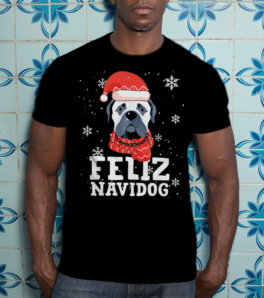 Feliz Navidog Bullmastiff Dog Christmas Santa Hat Snowflakes T-Shirt