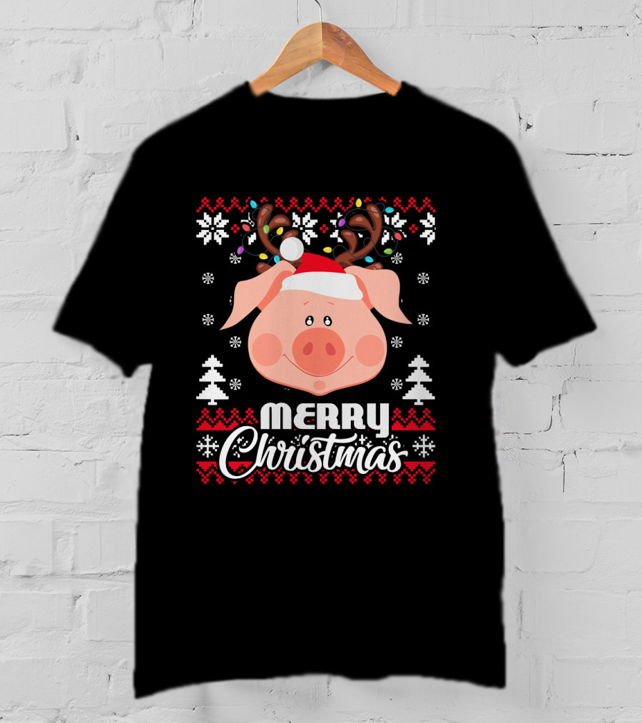 Merry Christmas Pig Santa Hat Antler Ugly T-Shirt