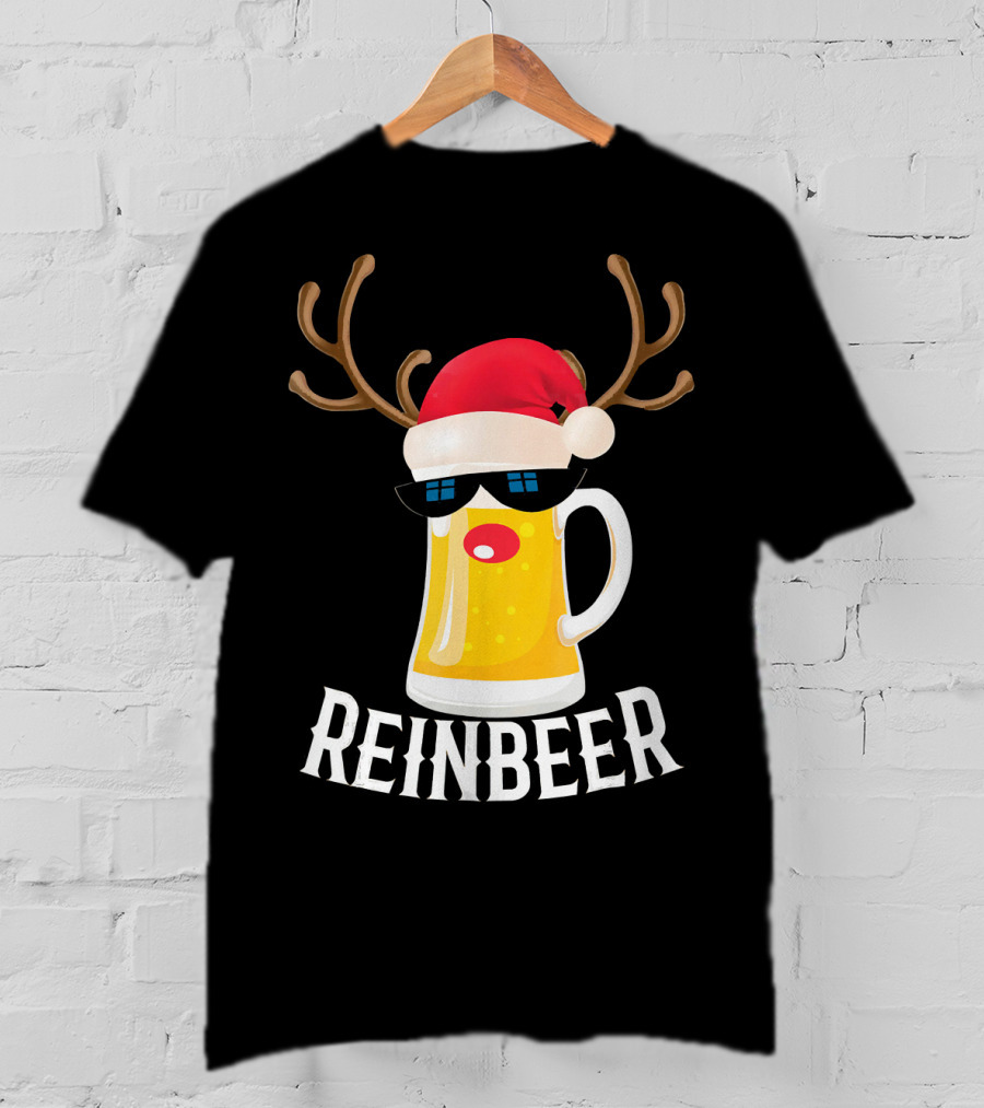 Reindeer Beer Christmas Funny Drinking Reinbeer Santa Hat T-Shirt