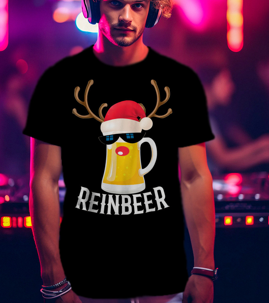 Reindeer Beer Christmas Funny Drinking Reinbeer Santa Hat T-Shirt
