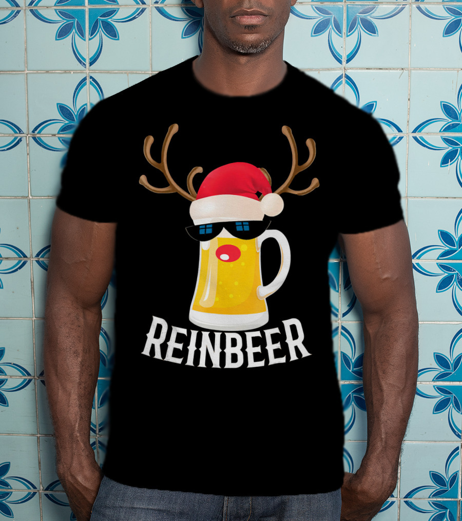 Reindeer Beer Christmas Funny Drinking Reinbeer Santa Hat T-Shirt