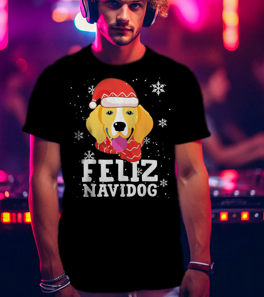 Feliz Navidog Beagle Dog Funny Christmas Snowflakes Santa Hat T-Shirt