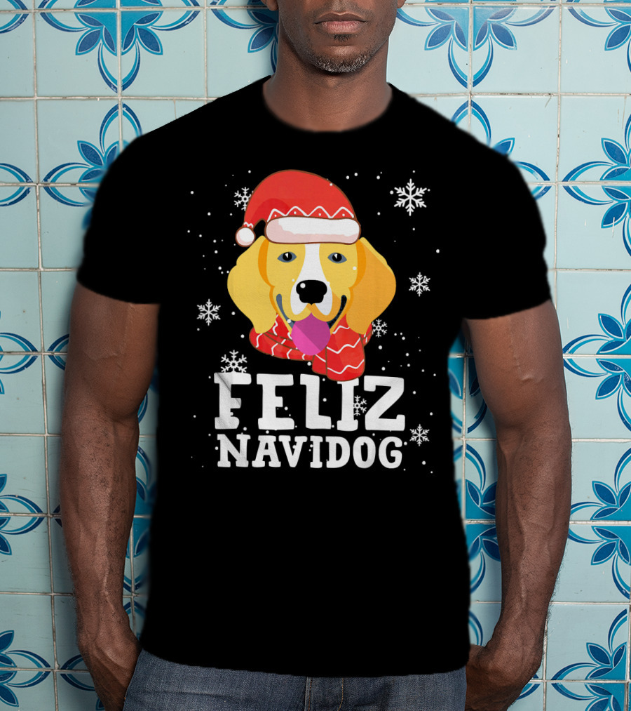 Feliz Navidog Beagle Dog Funny Christmas Snowflakes Santa Hat T-Shirt