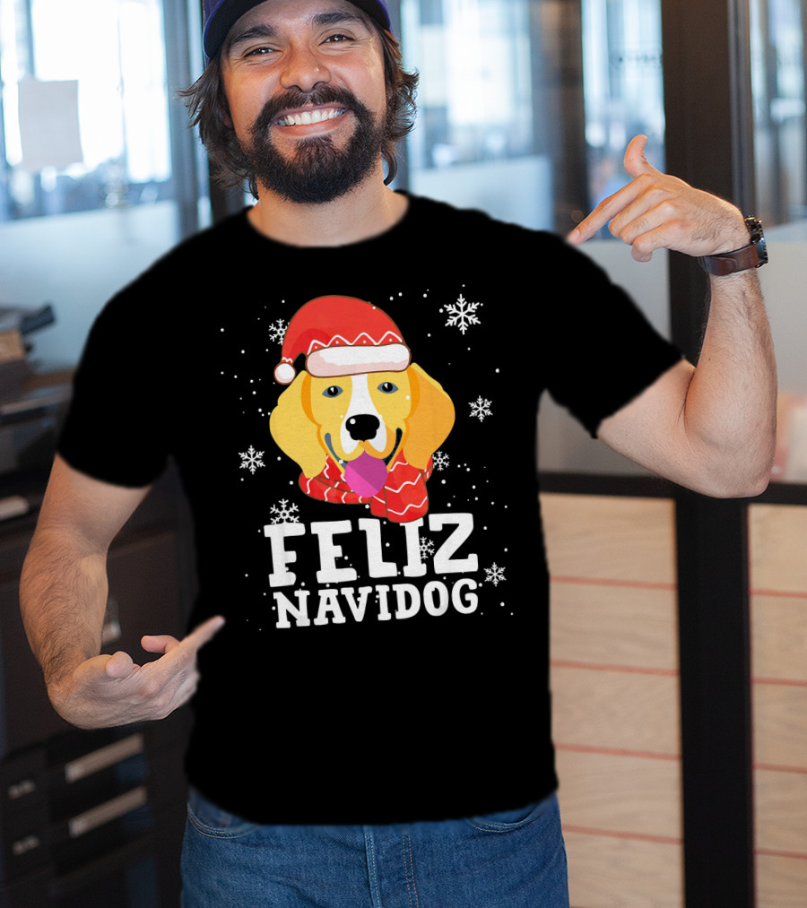 Feliz Navidog Beagle Dog Funny Christmas Snowflakes Santa Hat T-Shirt