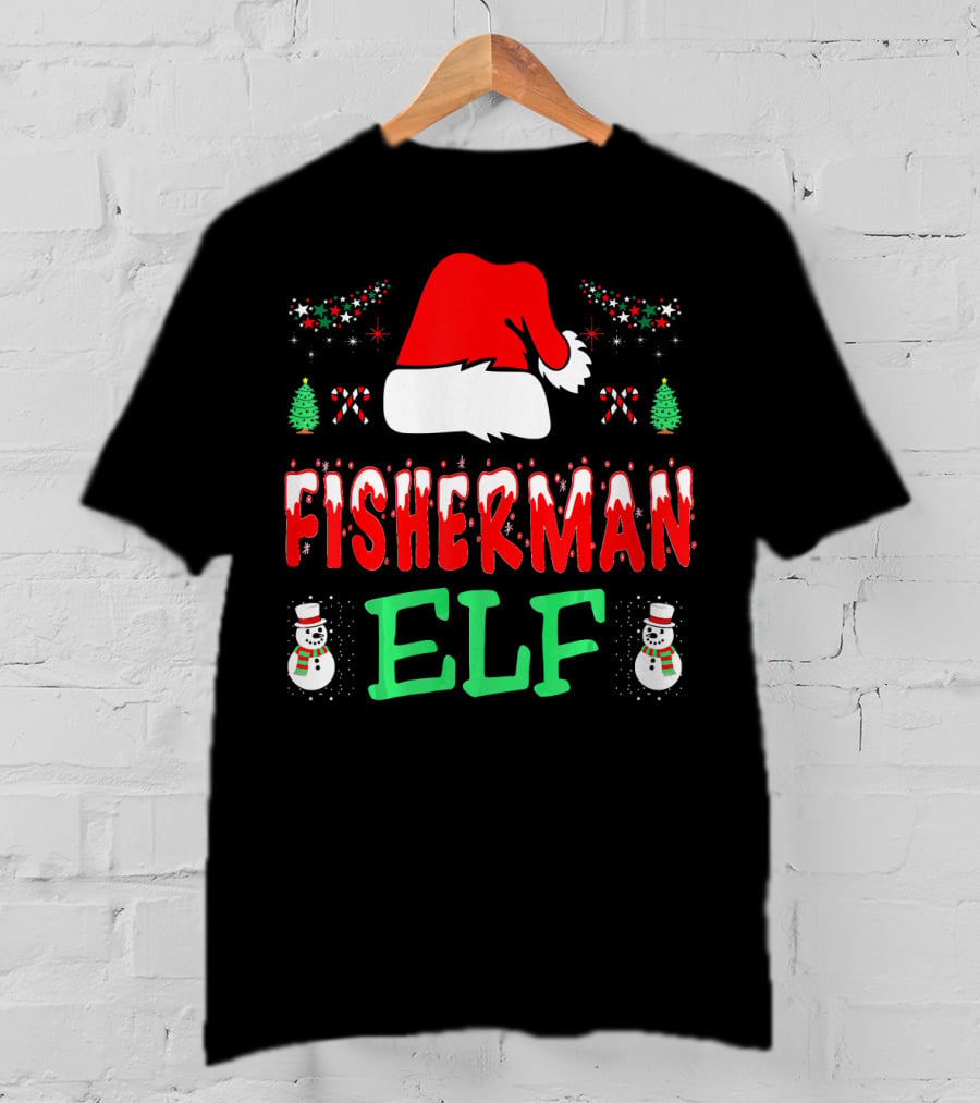 Fisherman Elf Christmas Snowman Santa Hat Candy Cane T-Shirt