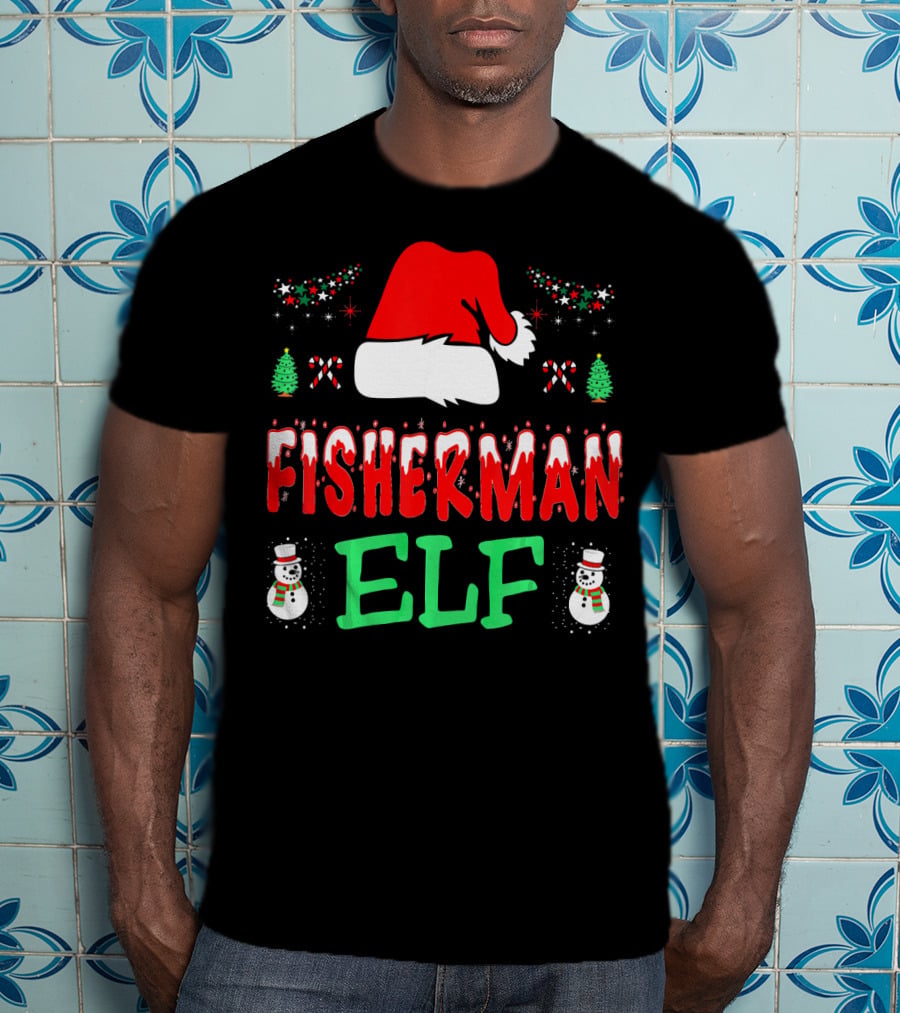 Fisherman Elf Christmas Snowman Santa Hat Candy Cane T-Shirt
