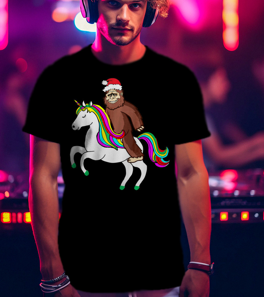 Bigfool Riding Unicorn With Santa Hat Rainbow Mane T-Shirt