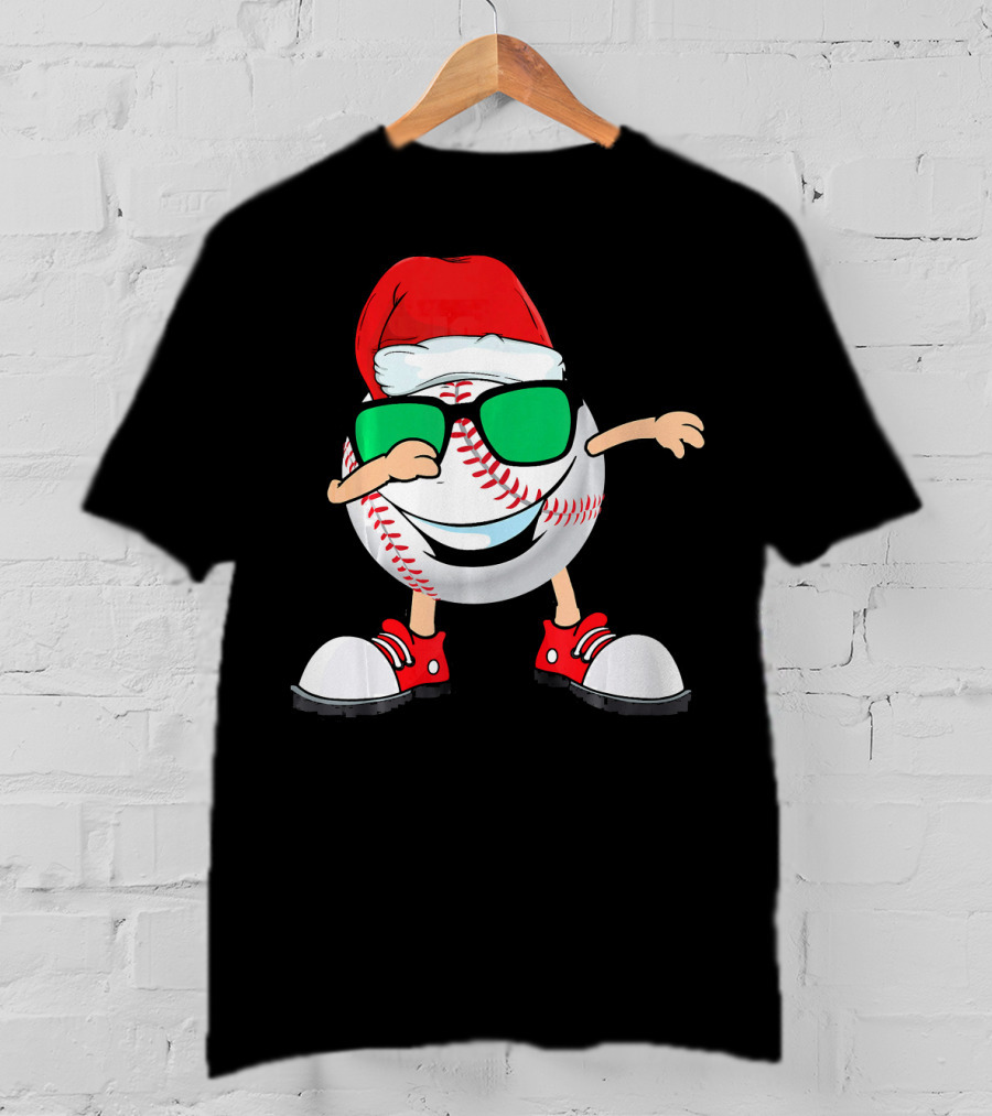 Dabbing Baseball With Santa Hat And Sunglasses T-Shirt