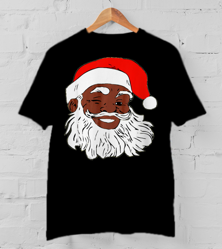Black Santa Claus Winking In Red Hat T-Shirt