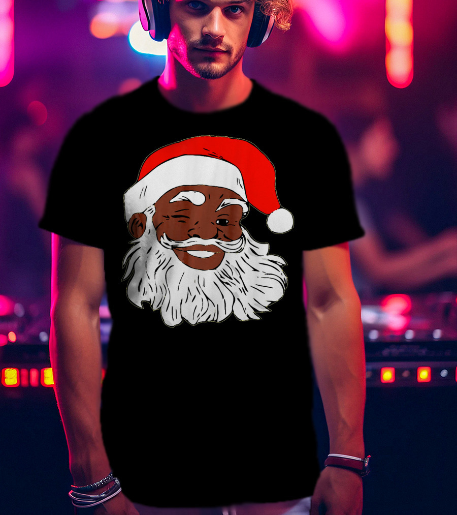 Black Santa Claus Winking In Red Hat T-Shirt