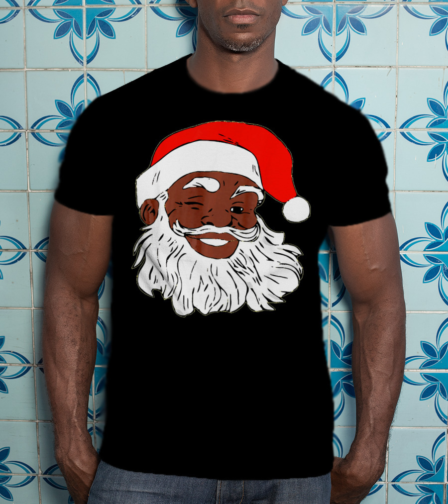 Black Santa Claus Winking In Red Hat T-Shirt