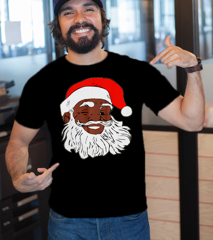 Black Santa Claus Winking In Red Hat T-Shirt