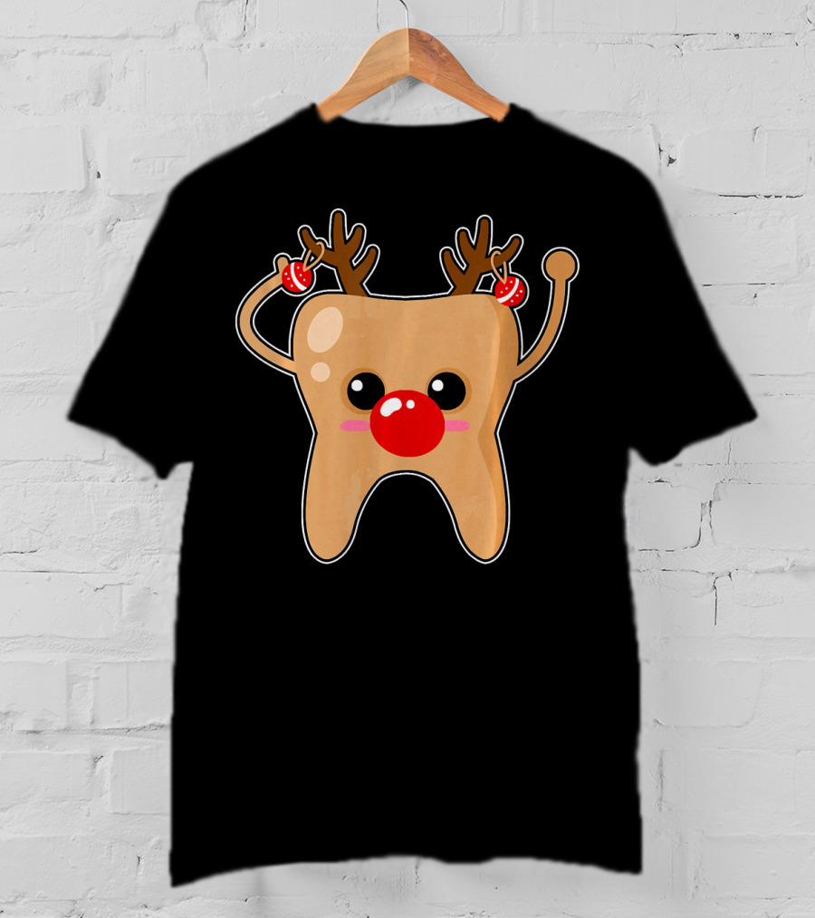Tooth Emoji Reindeer With Antlers And Red Nose Costume T-Shirt