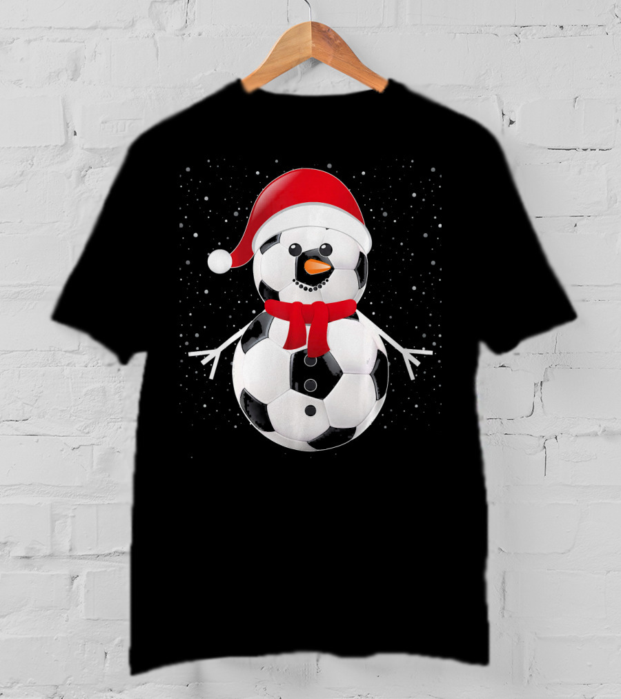 Soccer Football Snowman Santa Hat Scarf Holiday Winter Snowflakes T-Shirt