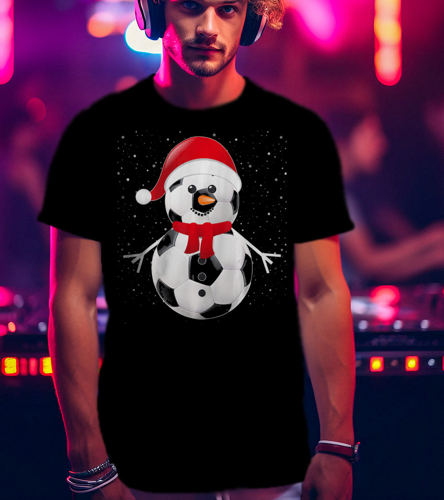 Soccer Football Snowman Santa Hat Scarf Holiday Winter Snowflakes T-Shirt