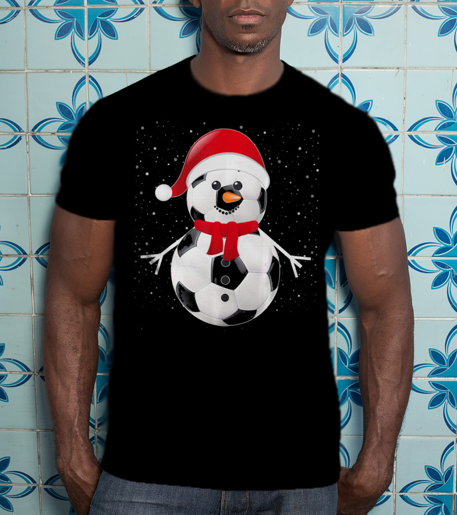 Soccer Football Snowman Santa Hat Scarf Holiday Winter Snowflakes T-Shirt