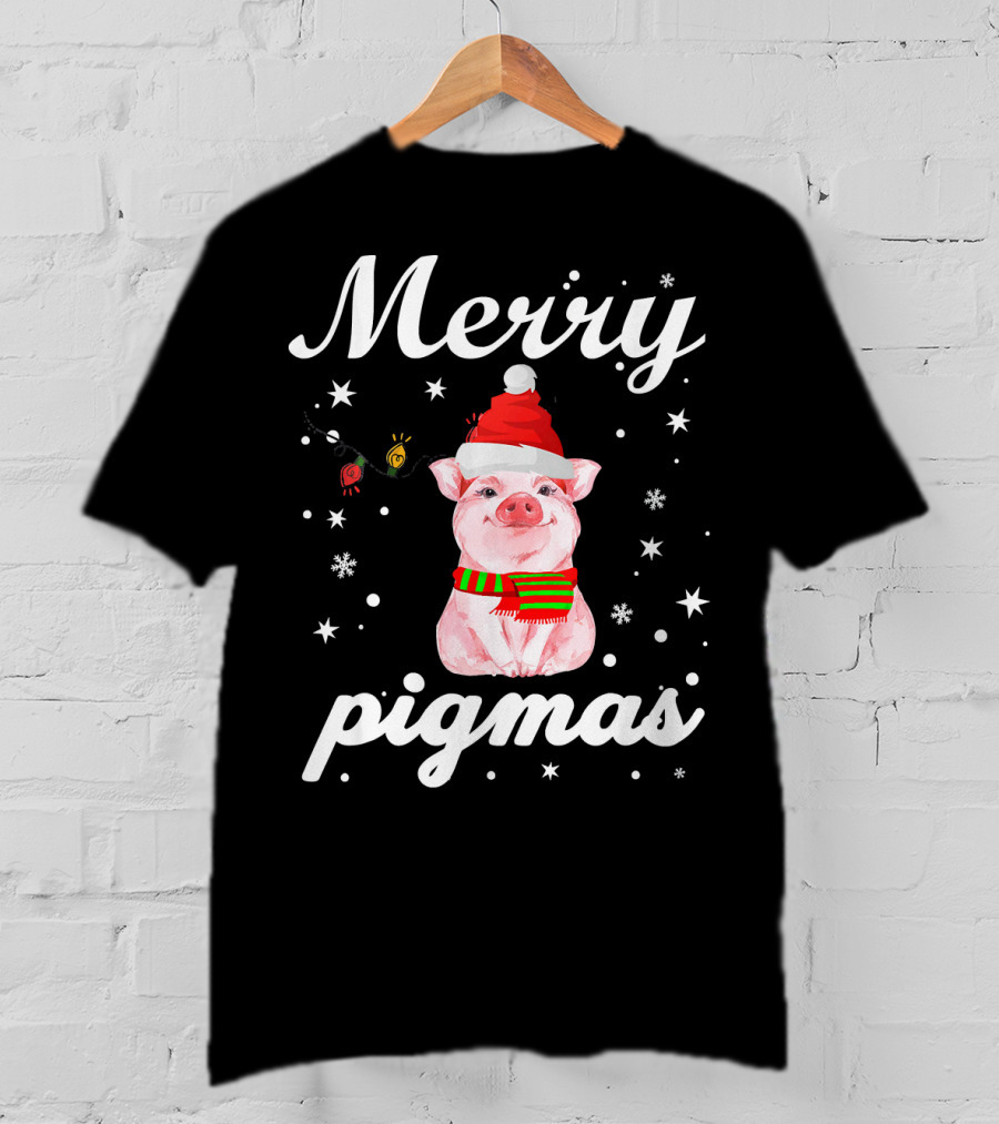 Merry Pigmas Santa Pig With Christmas Lights And Snowflakes T-Shirt