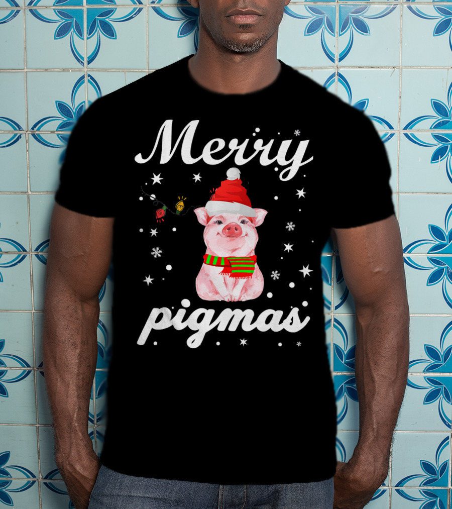 Merry Pigmas Santa Pig With Christmas Lights And Snowflakes T-Shirt