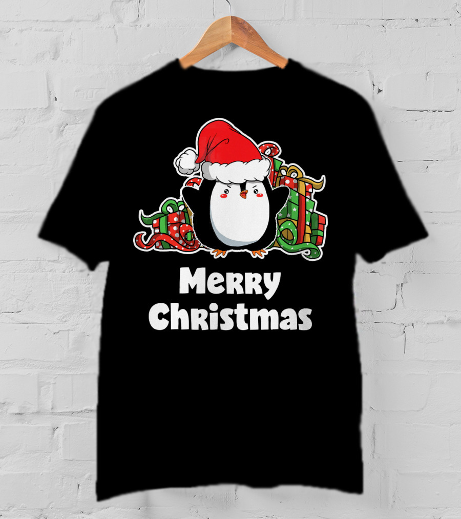 Merry Christmas Penguin Santa Hat Gift Wrapping T-Shirt