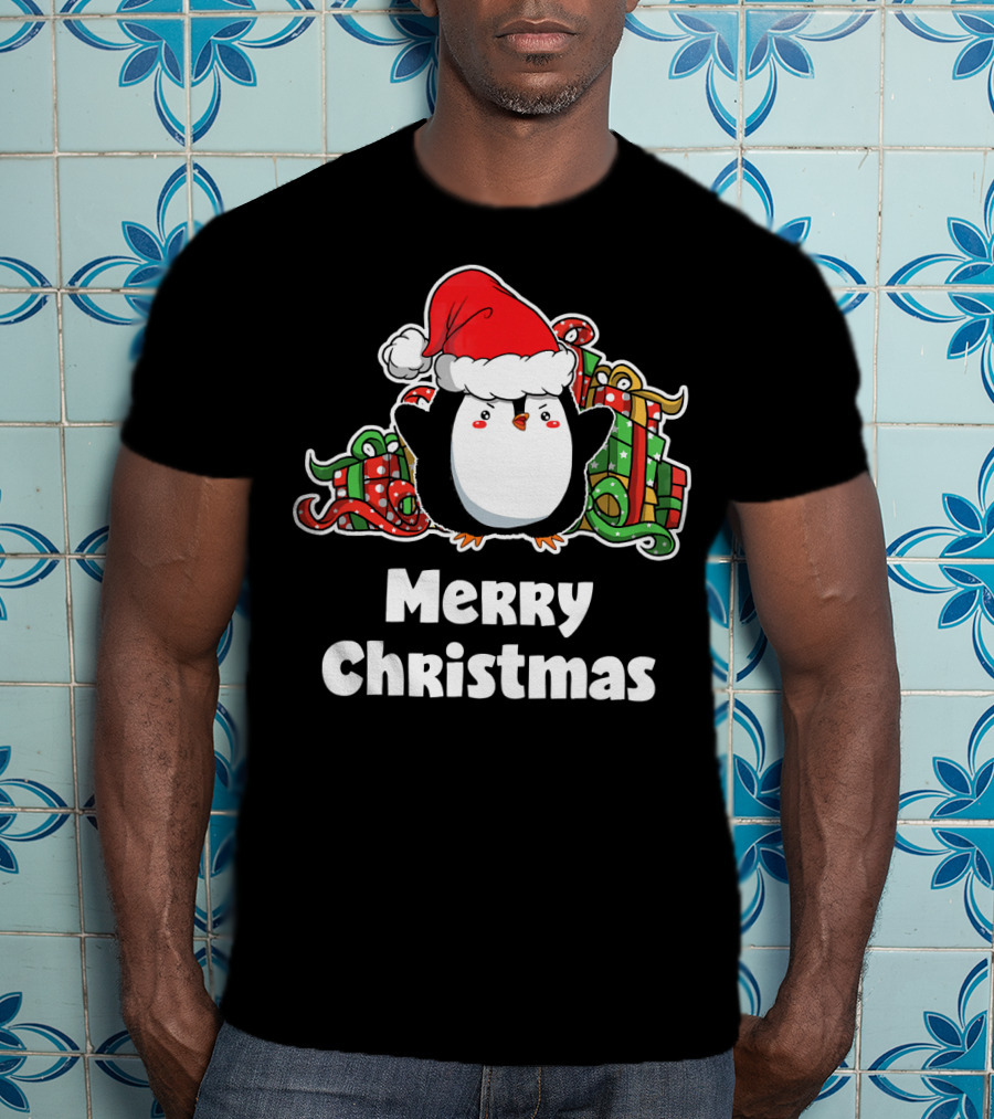 Merry Christmas Penguin Santa Hat Gift Wrapping T-Shirt