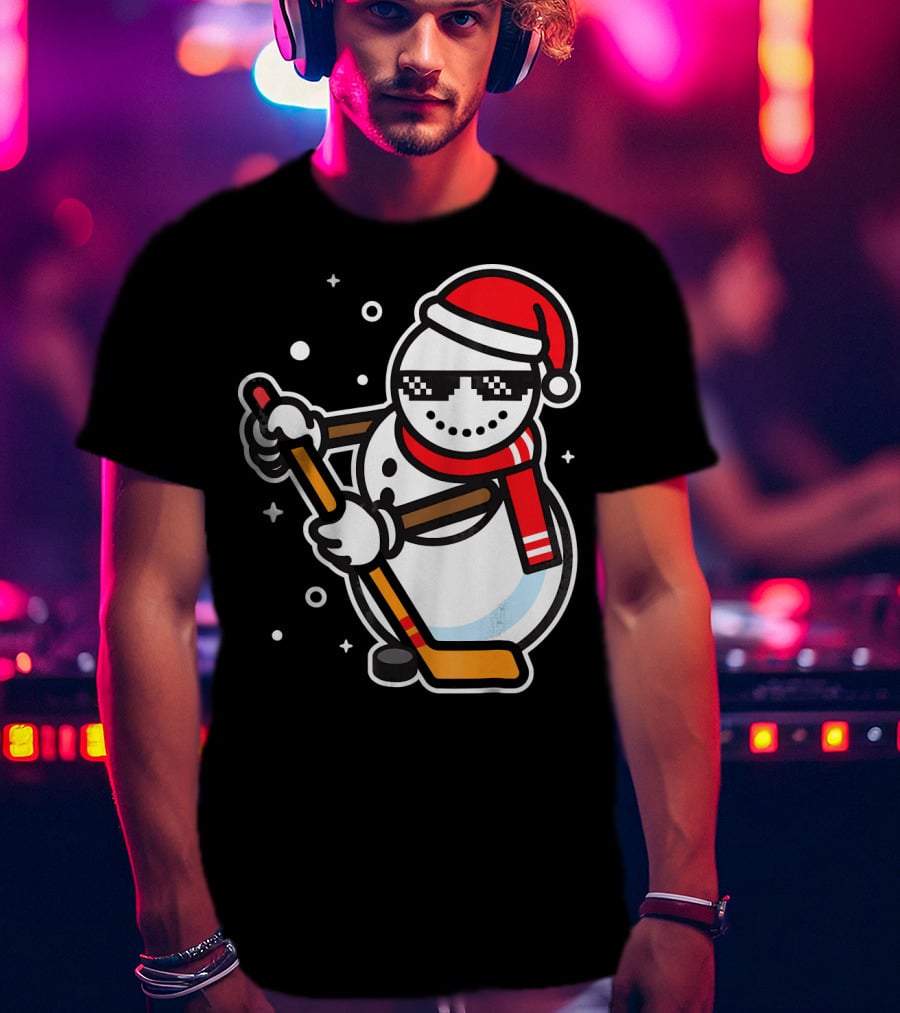 Ice Hockey Player Snowman Funny Boy Cool Nerd Santa T-Shirt