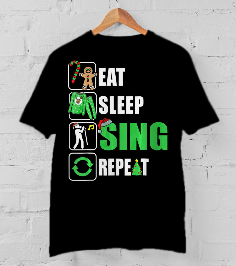Eat Sleep Sing Repeat Christmas Sweater Singer Candy Cane Gingerbread Music Tree T-Shirt