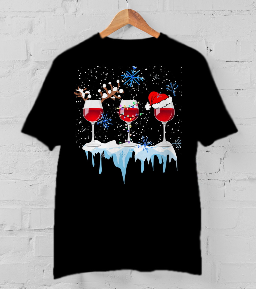 Christmas Reindeer Wine Glasses Santa Hat Snowflakes Holiday T-Shirt