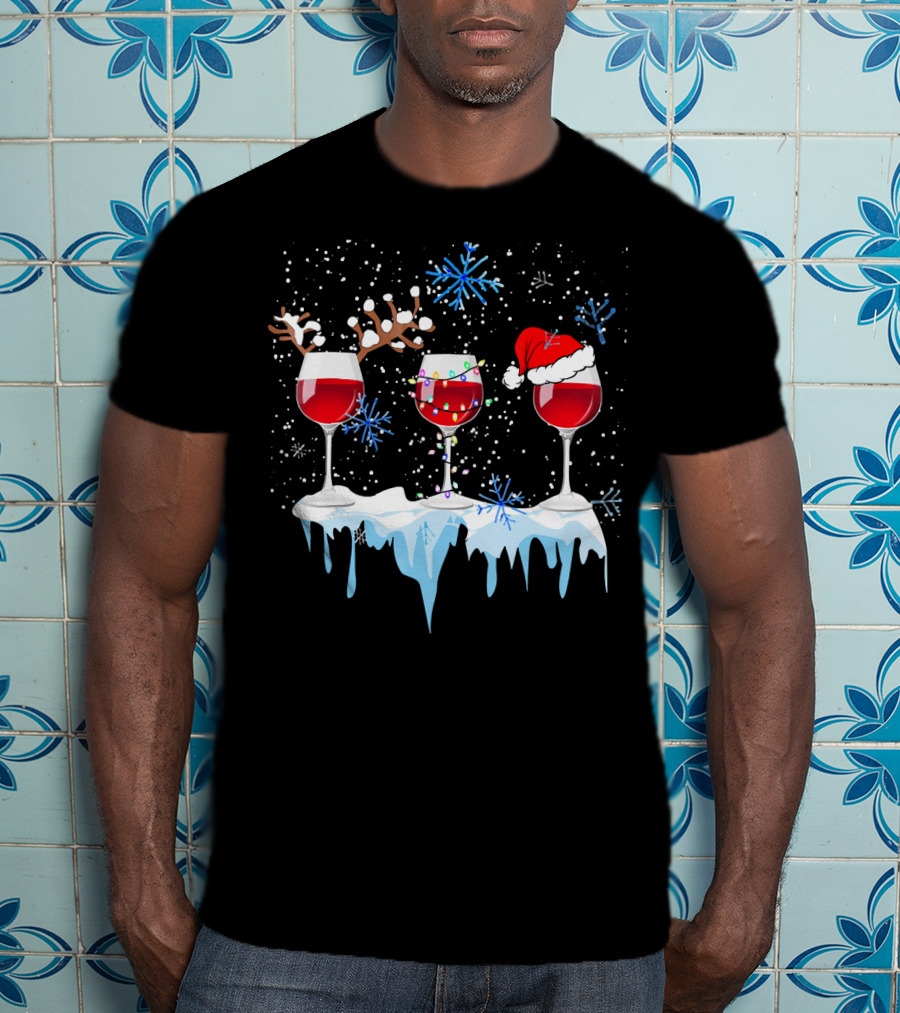 Christmas Reindeer Wine Glasses Santa Hat Snowflakes Holiday T-Shirt