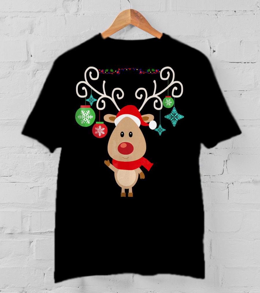 Santa Hat Rudolph Reindeer With Christmas Ornaments Red Nose T-Shirt