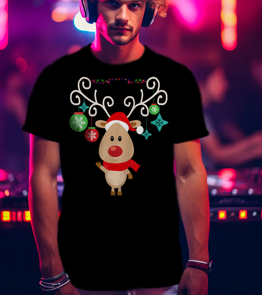 Santa Hat Rudolph Reindeer With Christmas Ornaments Red Nose T-Shirt