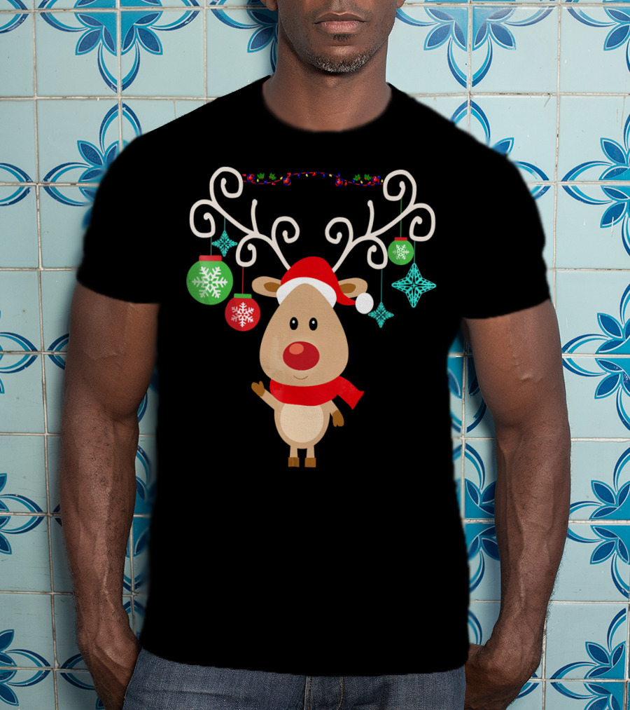 Santa Hat Rudolph Reindeer With Christmas Ornaments Red Nose T-Shirt