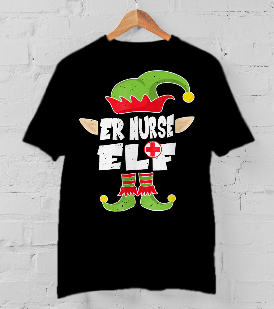 ER Nurse Elf Emergency Squad Christmas Hat And Shoes T-Shirt