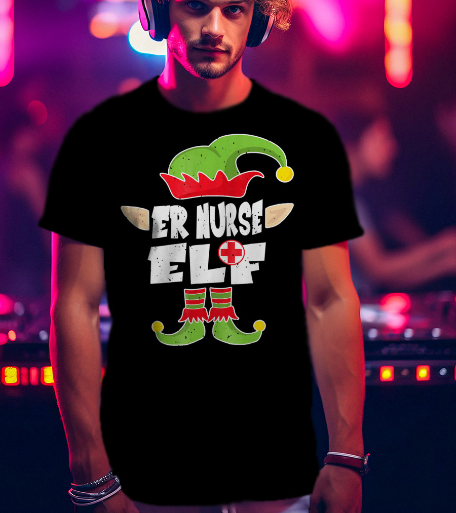 ER Nurse Elf Emergency Squad Christmas Hat And Shoes T-Shirt