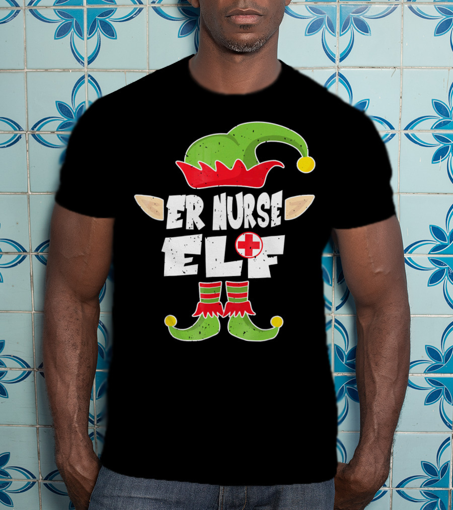 ER Nurse Elf Emergency Squad Christmas Hat And Shoes T-Shirt